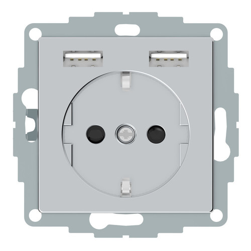 Розетка с USB Merten, скрытый монтаж, с заземлением, алюминий, MTN2366-0460