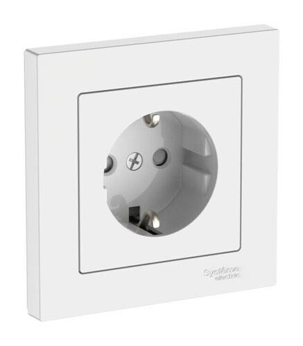 Розетка с рамкой Systeme Electric ATLAS DESIGN, скрытый монтаж, с заземлением, со шторками, быстрозажимные клеммы, белый