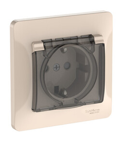 Розетка IP44 Systeme Electric GLOSSA, скрытый монтаж, с заземлением, с крышкой, со шторками, быстрозажимные клеммы, бежевый